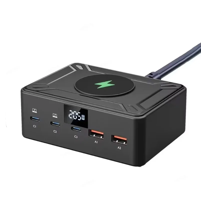 Multiple Ports USB C Charger Station 205W GaN Fast Charging Block PD QC Power Adapter Desktop for Laptop Tablet Phone MacBooks