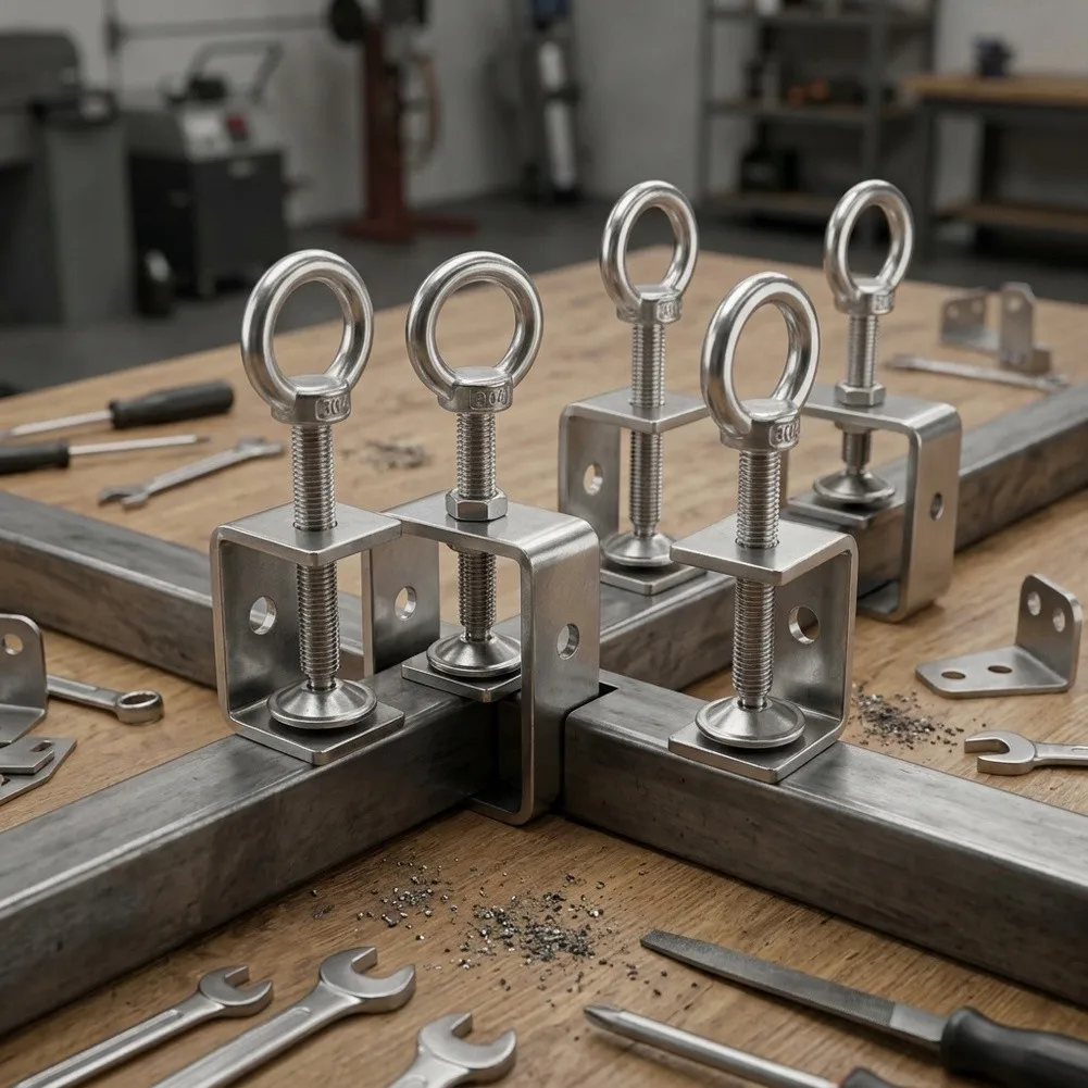 Robust Stainless Steel C Clamp with Eye Bolt Designed for Square Tube Clamping in Metalworking and Installation