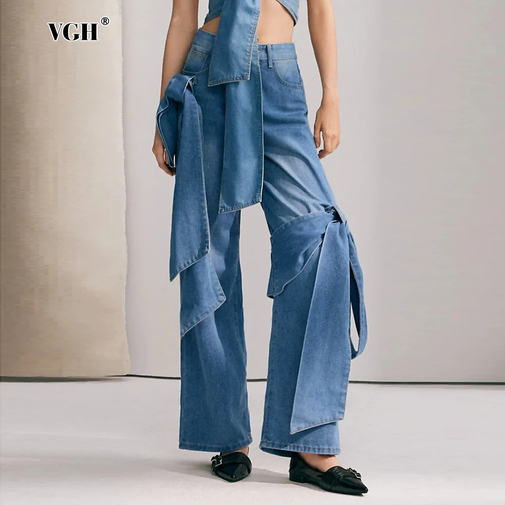 

VGH Solid Patchwork Bowknot Streetwear Jeans For Women High Waist Spliced Pockets Loose Straight Denim Pants Female Fashion New