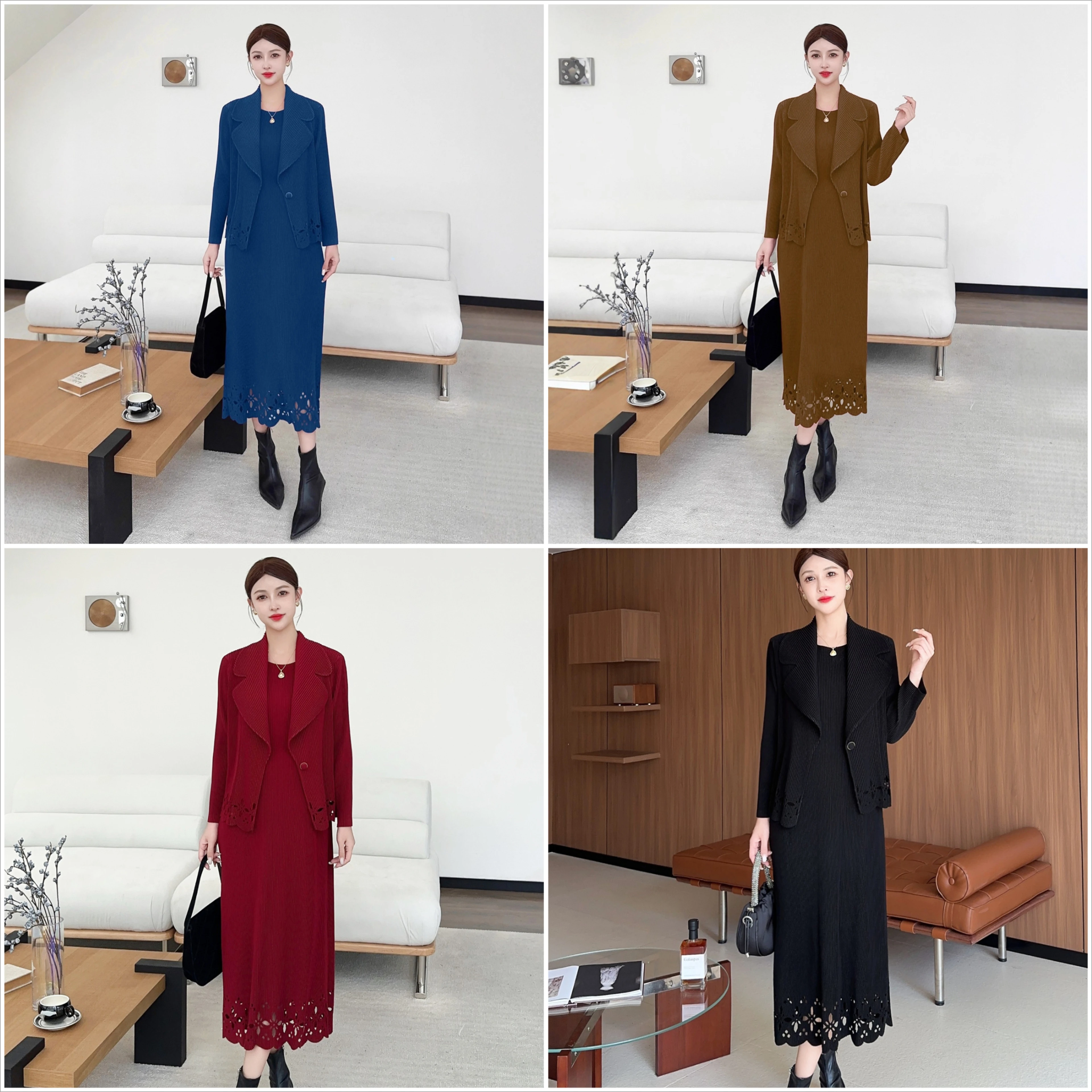 

Miyake Fold 2025 Autumn/Winter Fashion Set Women's Plus Size Suit Collar Hollowed Out Jacket with Inner Dress Two-piece Set