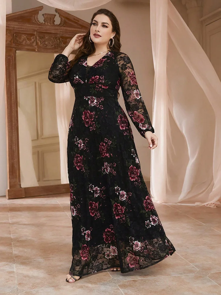 TOLEEN 2024 New Plus Size  Luxury Elegant Party Evening Dress Spring Summer Lace Mesh Floral Print Lantern Sleeve Women Clothing