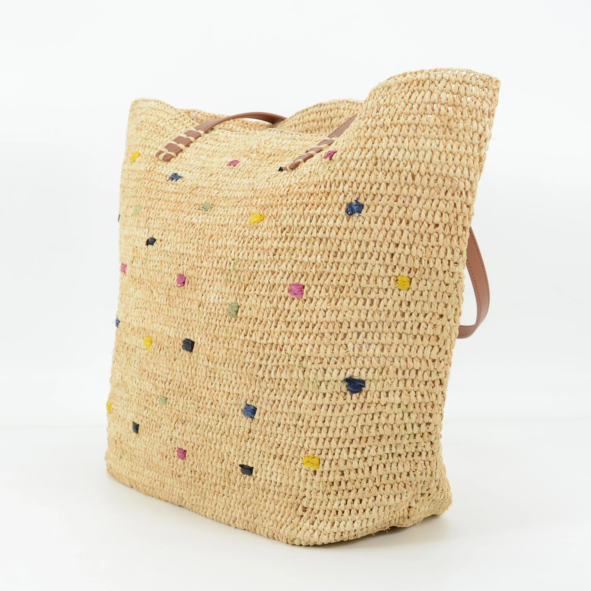 Crocheted Natural Raffia Shoulder Bag With Nappa Leather Handles Florence Shoulder Bag