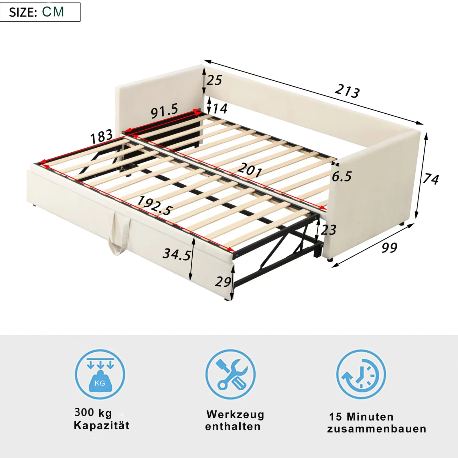 Comanlai 90/180×200 cm slaapbank met uittrekbaar bed, bedframe dat uitklapbaar is tot een tweepersoonsbed, logeerbed van dezelfde hoogte