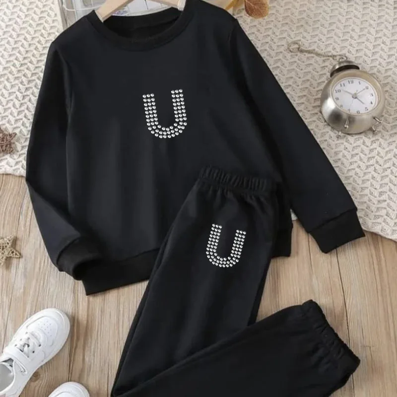 2023 damski strój cyrkonie z nadrukiem listowym luźny 2 dwuczęściowy zestaw dres Streetwear bluza + spodnie joggery bluza Femme