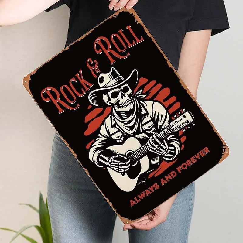 Rock Roll Guitar Skeleton Sign Door Decoration Vintage Metal Tin Sign Palque for Bar Restaurant Wall Decoration House Decor Room