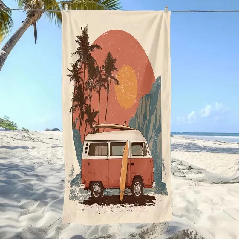 Vintage Surf Camper Van Palm Sunset Beach Towel Retro Hippie Coastal Sand-Free Lightweight Towel Boho Style Outdoor Towel
