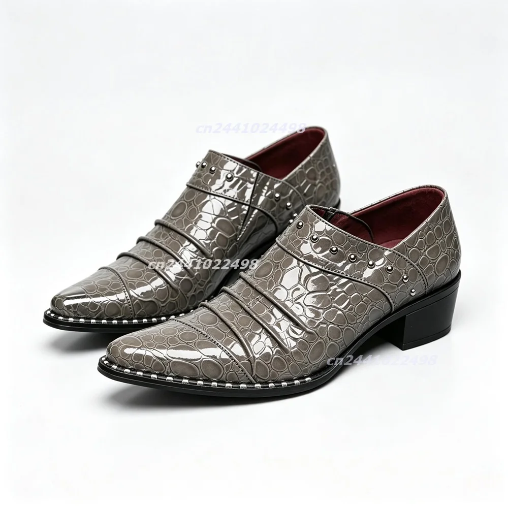Men's Slip On Metal Rivet Pointed Toe Dress Shoes Crocodile Pattern Upper Mid Block Heel Studded Edge Fashion Party Footwear