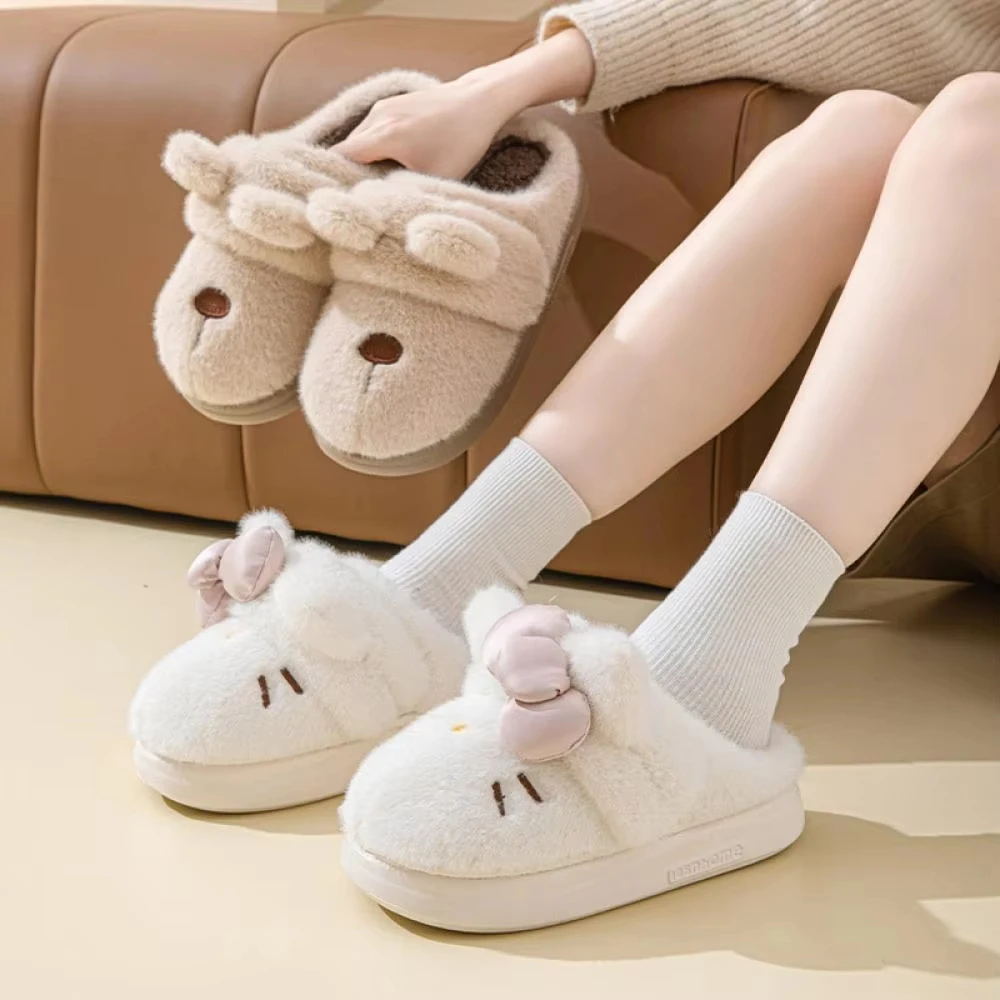 

Новые женские плюшевые тапочки Hellokitty с рисунком банта Sanrio, осенне-зимние студенческие теплые милые домашние хлопковые тапочки для девочек, подарок