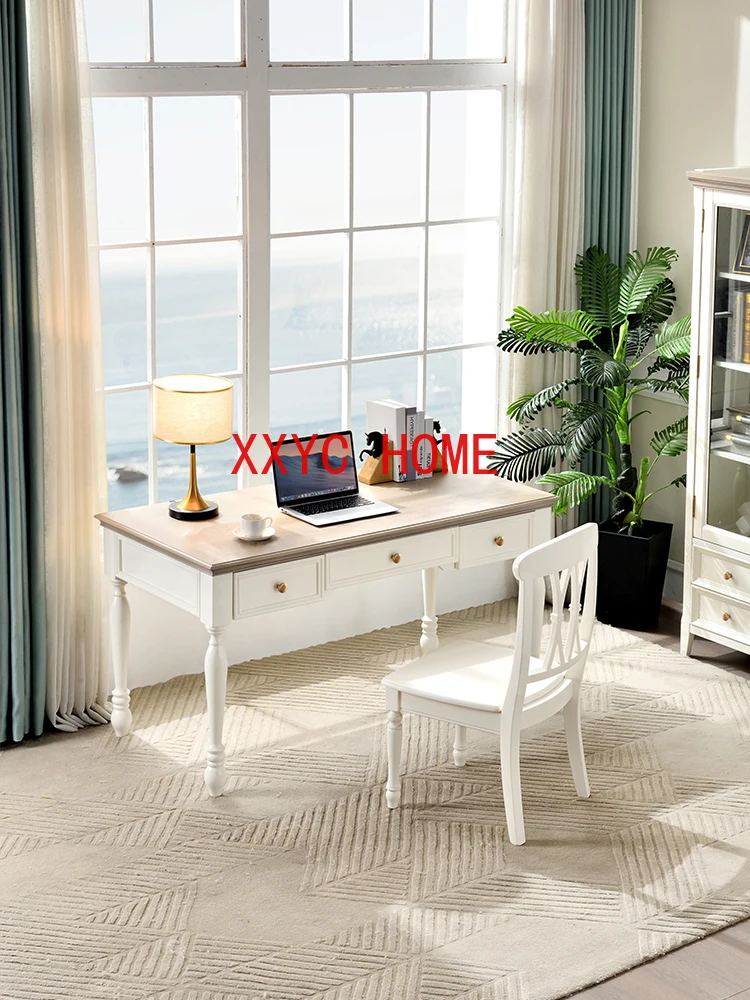 White Cream Style Solid Wood Desk Simple Home Writing Desk