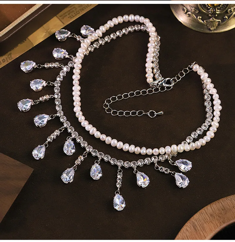 Tassel Water Drop Pendant Zircon Two Layer Pearl Necklace for Women Charm Choker Clavicle Chain Collar Fashion Jewelry Gifts