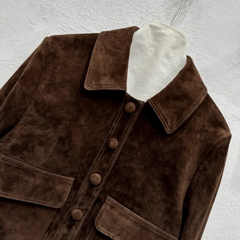 Autumn Outerwear Women’s Kid Suede Leather Jacket Lapel Tooling Wind Single Breasted Casual Long Sleeve Short Silm Leather Coat