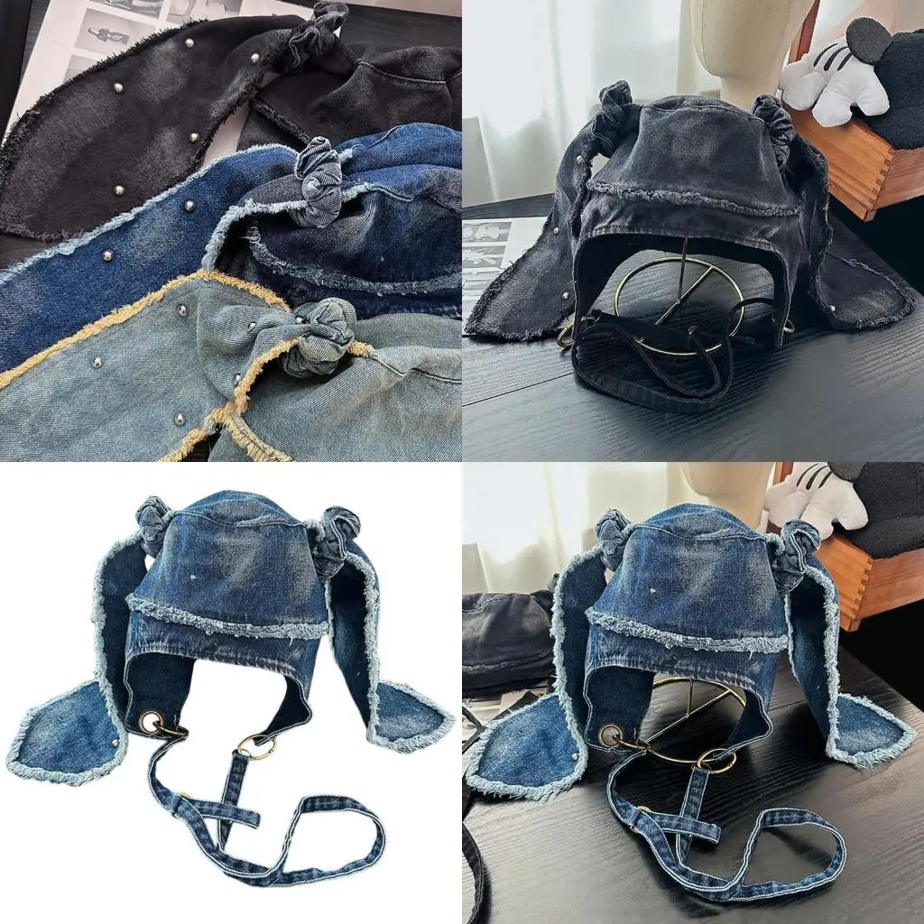 

L5YA разорванные кролики для ушной шляпы для взрослых дышащих вымытых ткани для ушной крышки солнцепроберопродажные пуловерные