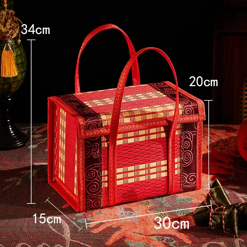 Folding Lunch Box Bamboo Outdoor Picnic Boxes Chinese Style Gift Packing Bags Eco-friendly School Lunch Bag Red Dinner Box Bag