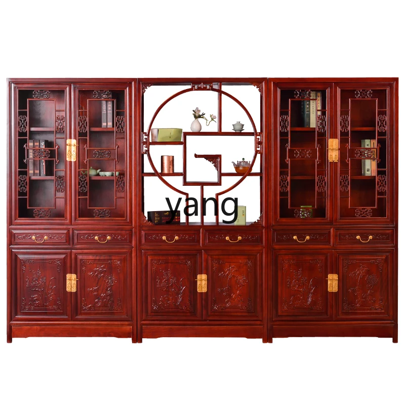 

LH New Chinese Solid Wood Bookcase Display Office Study Antique Carving Combination Two Door Bookshelf