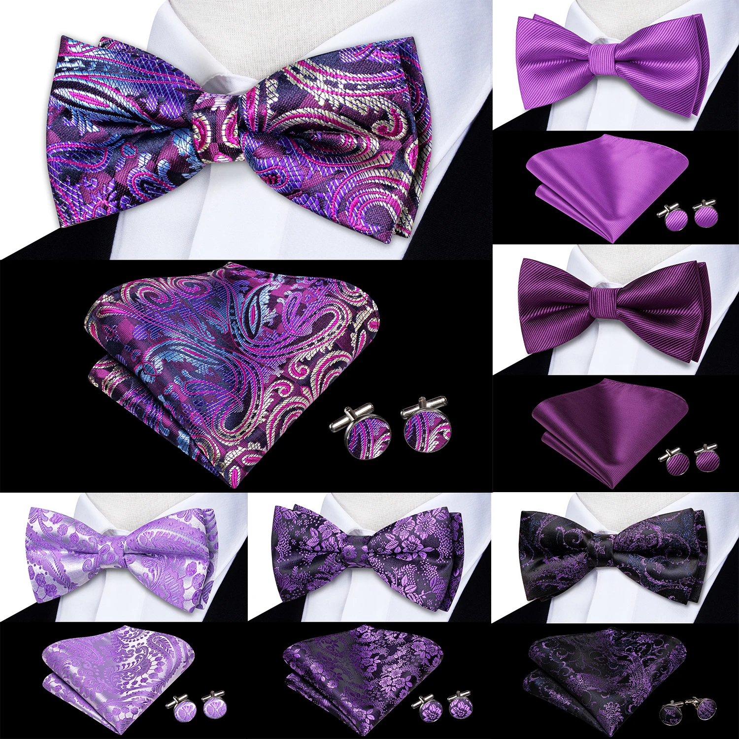 

Hi-Tie Silk Mens Bow Tie Hanky Cuffs Set Purple Lilac Lavender Violet Pre-tied Butterfly Knot Bowtie for Male Wedding Business