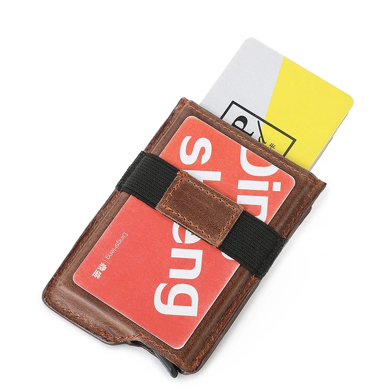 Cow Leather Men's Card Bag Automatically Pop-Up Slim Credit Card Holder Wallet For Men and Women ID Card Pocket