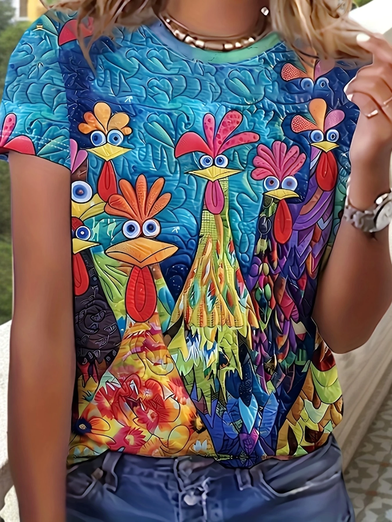 Women Crew Neck Short Sleeve T‑shirt Colorful Rooster Patchwork Art Print Vintage Casual Summer Top