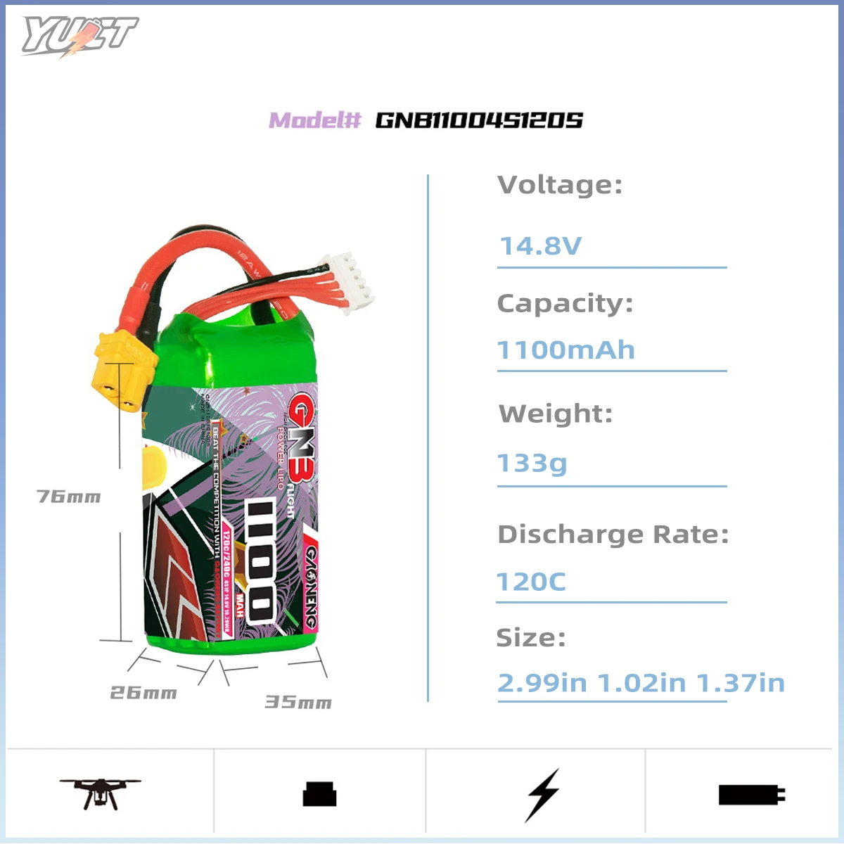 YUCT GNB 6S LiPo Batterie 22,2 V 1100 mAh 1300 mah 14,8 V 4S LIthium Batterie XT60 120C/Max240C Für FPV Drone Quadcopter Tiny Whoop
