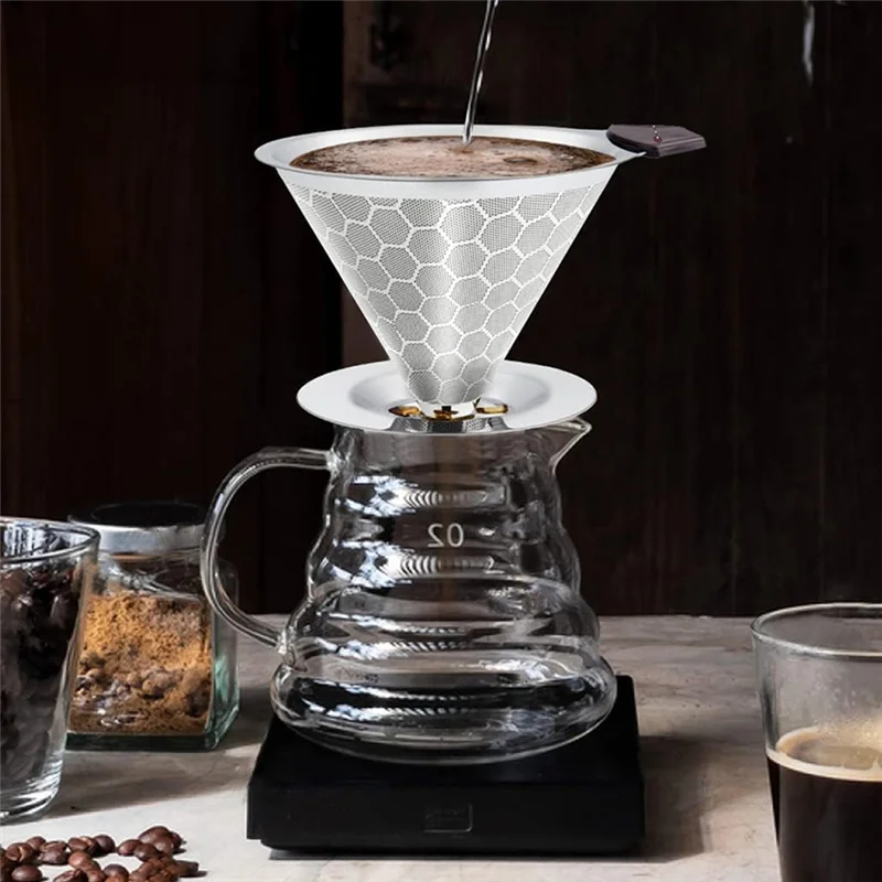 A73M-Pour أكثر من القهوة فلتر المنقط قابلة لإعادة الاستخدام الفولاذ المقاوم للصدأ بالتنقيط صانع القهوة مخروط القهوة شبكة مرشحات ل 1-4 كوب #3