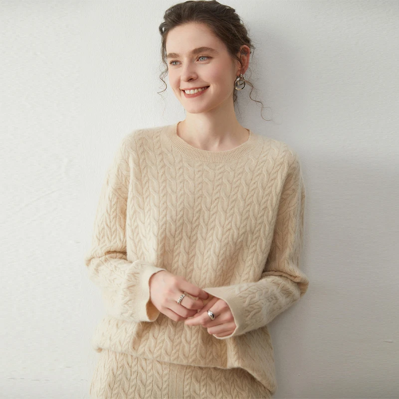 

Chic O-Neck Cable Stitch Women's Pullovers Soft Warm Comfort 100% Cashmere Knitted High Quality New Arrivals Casual Loose Tops