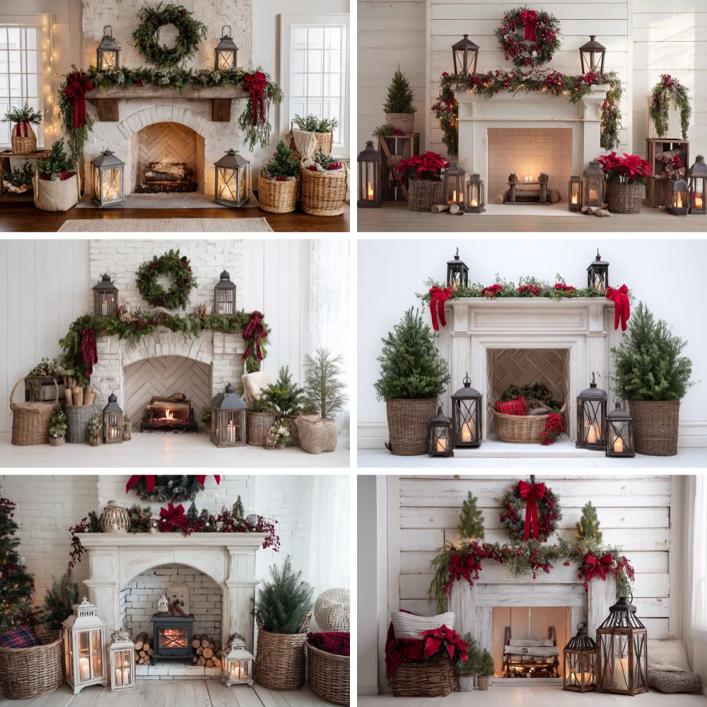 

White Christmas Fireplace Room Background Photography Xmas Tree Garland Red Bow Lantern Backdrop Winter Family Photozone Studio