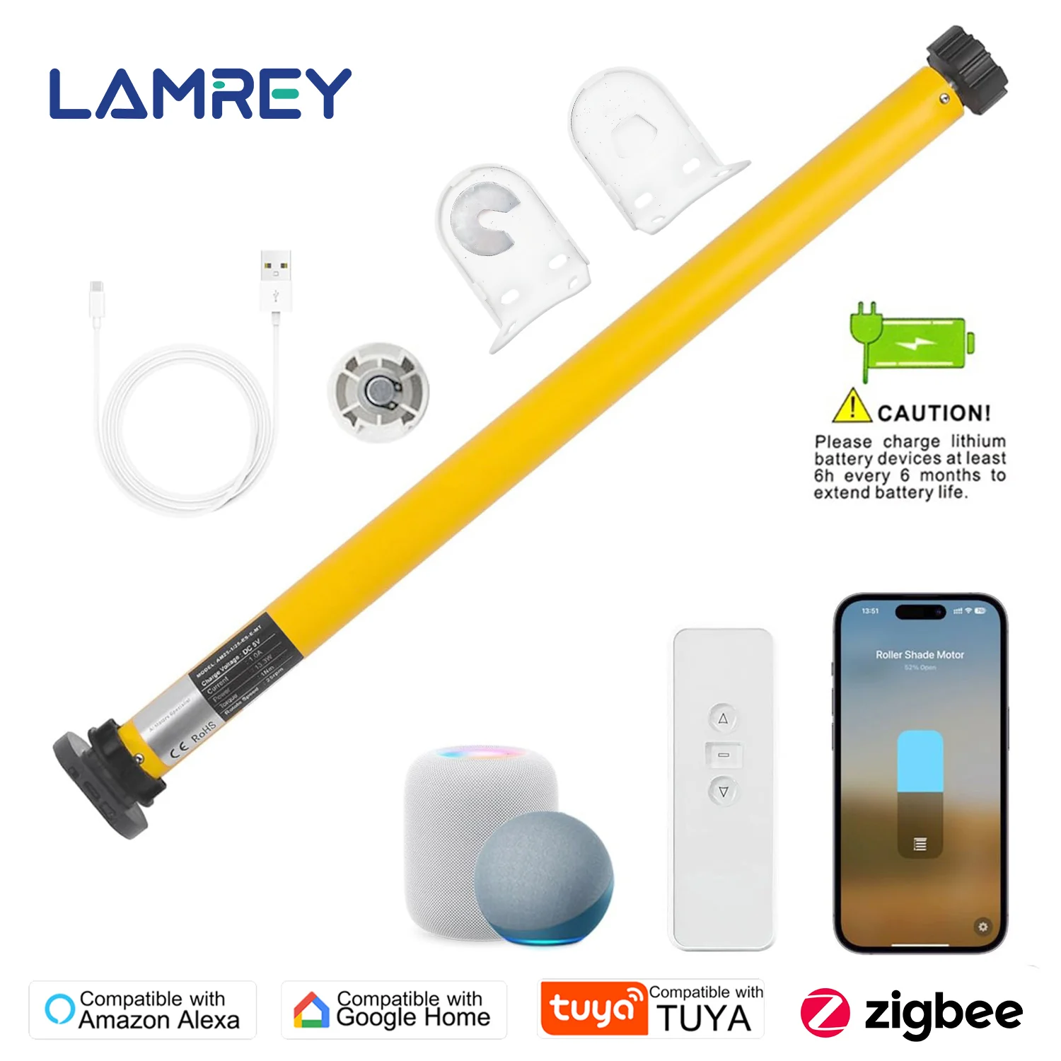 

Электрический мотор LAMREY Tuya Zigbee для рулонных штор (трубки 37/38 мм) с голосовым управлением Smart Life, Alexa и Google Home