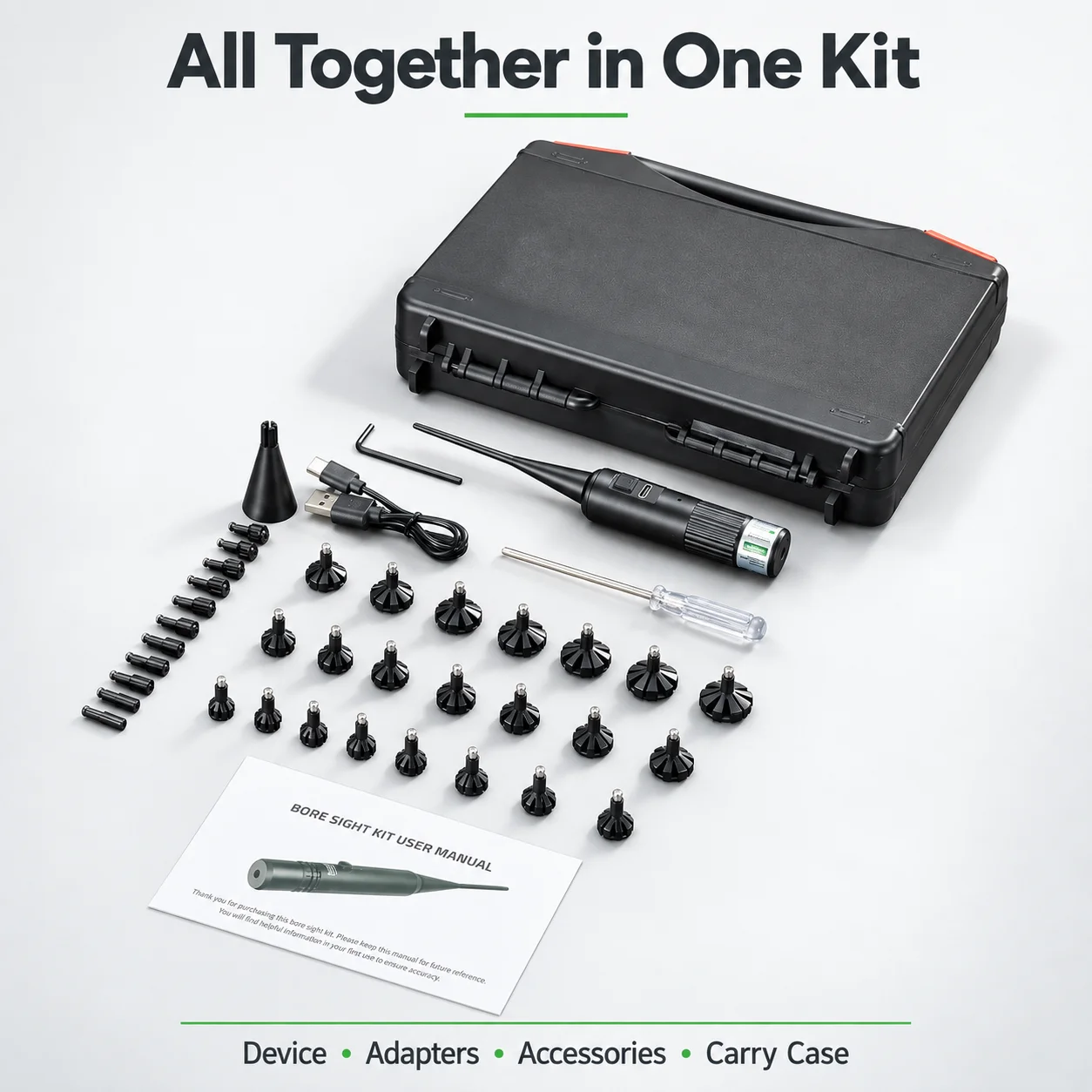 Rechargeable Green Laser Bore Sighter Kit with 32pcs Adapters, Fast and Convenient for Optical Sight Calibration.