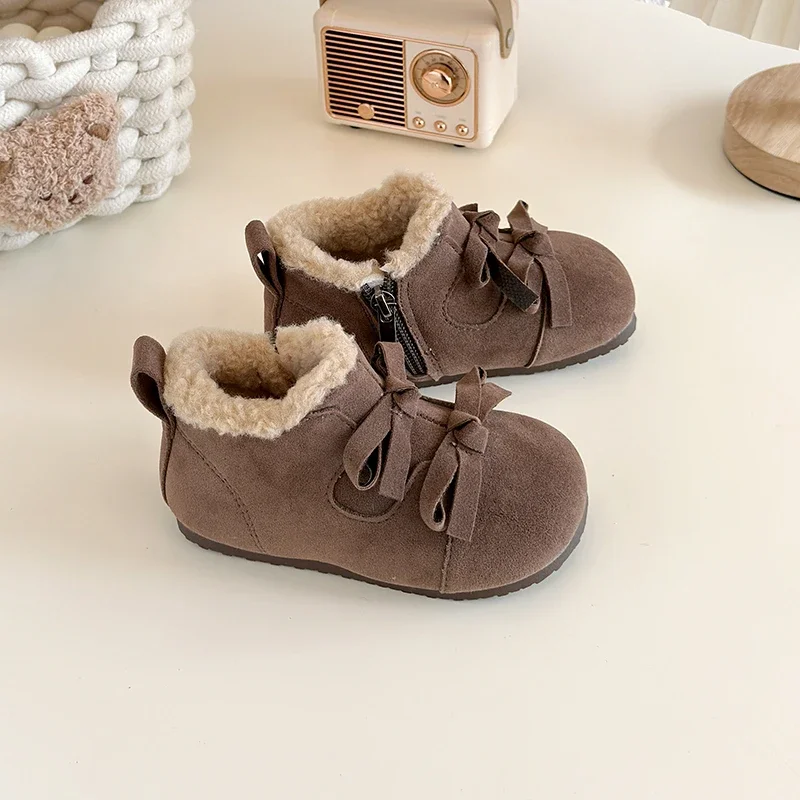 Toddler Girls Winter Ankle Boots, Bow Decor Fleece Lined Baby Boots, Side Zipper Non Slip Soft Sole Shoes for Daily Outing