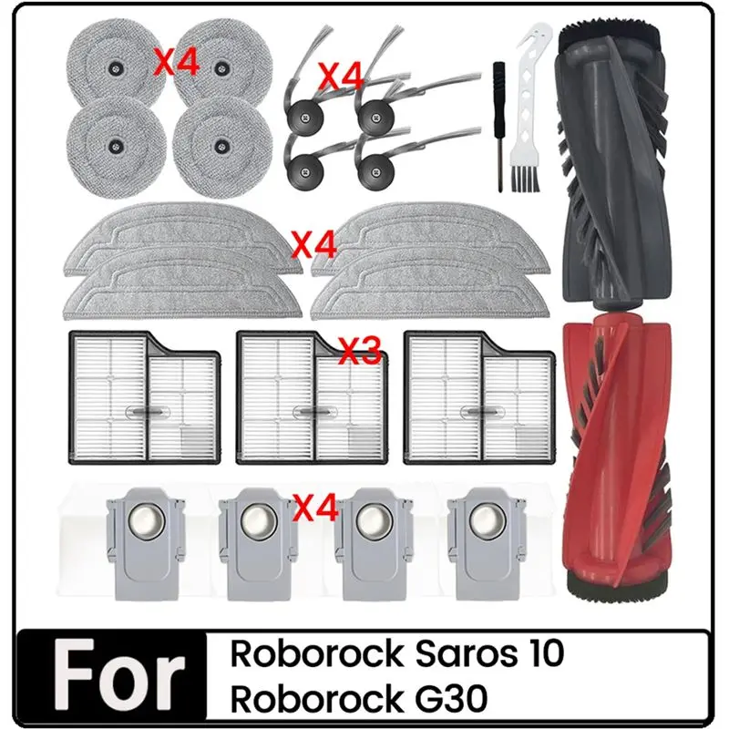 

23 шт. сменных деталей для пылесоса Roborock Saros 10/G30: двойная основная щетка, насадка для влажной уборки, HEPA-фильтр, мешок для пыли, боковая щетка - AT36