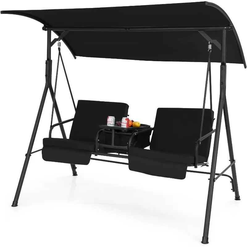 

2 Person Porch Swing, Outdoor Swing with Pivot Storage Table, Cooler Bag, 2 Cup Holders, Removable Cushions,