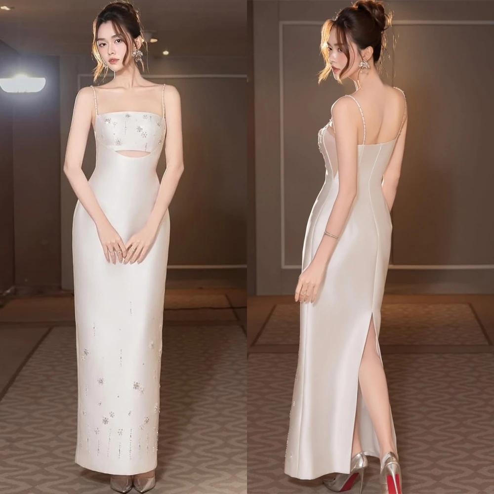 

Customized Elegant White Satin Evening Dress Classic Square Collar Spaghetti Straps Party Dress Sexy Straight Crystal Prom Dress