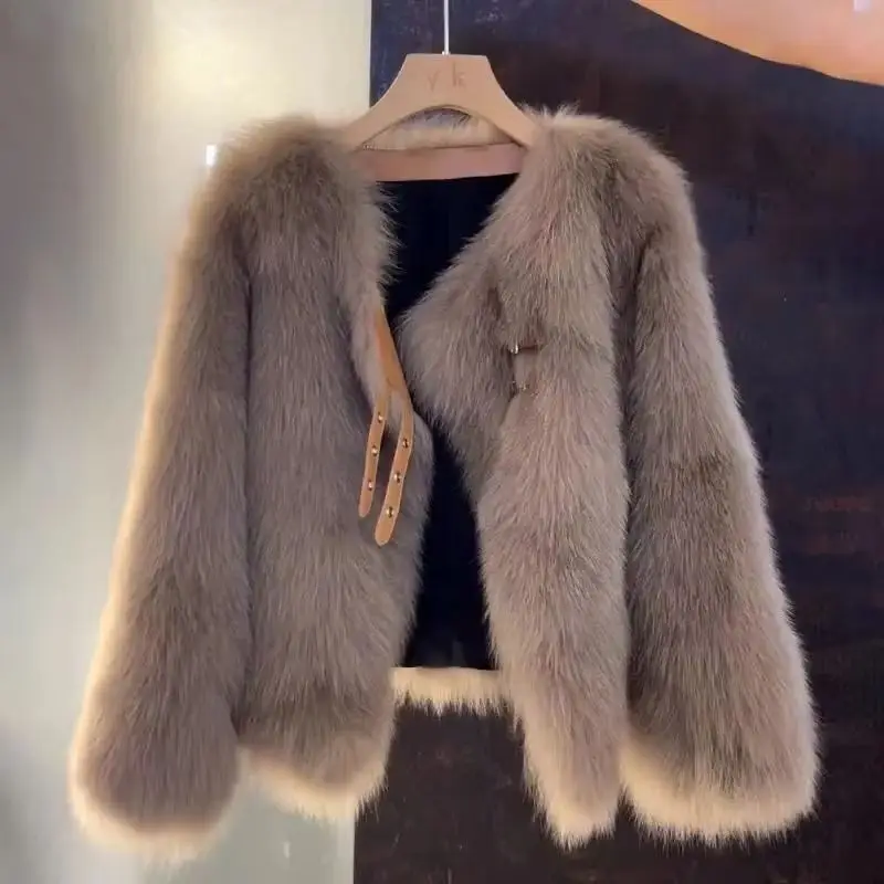 

Female Lmitation Fur Coat Short 2025 Autumn/Winter New Loose Haining Fur Jacket With Double PU Leather Buckle Outwear Fashion