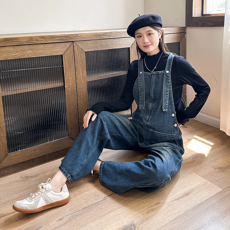 Vintage Washed Maternity หญิงตั้งครรภ์ Overalls Denim กางเกงยีนส์สีฟ้าเยาวชนการตั้งครรภ์ Jumpsuits หลวมขากว้างตรงกางเกง