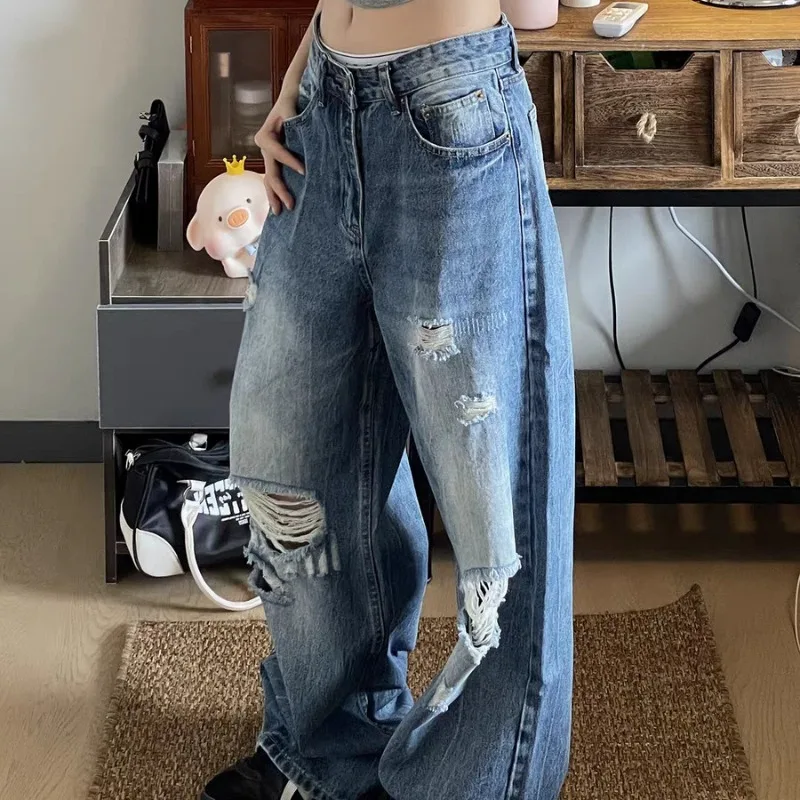 

y2kWomen American Street Style Ripped Vintage Jeans Fashion Straight Leg Baggy Destroyed Design Slim Fit Long Floor Length Pants