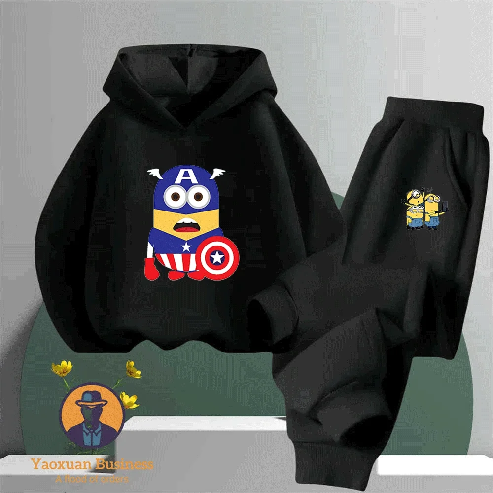 

New Minions Boys Little Kids 2-Piece Hoodie Set Cute Cartoon Printed Windproof Warm Autumn Winter Stylish