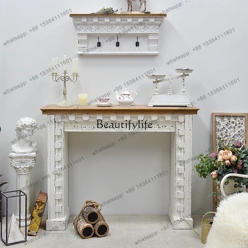 FG French Retro Art White Fireplace Decorative Cabinet Simple Solid Wood Living Room Decorative Porch
