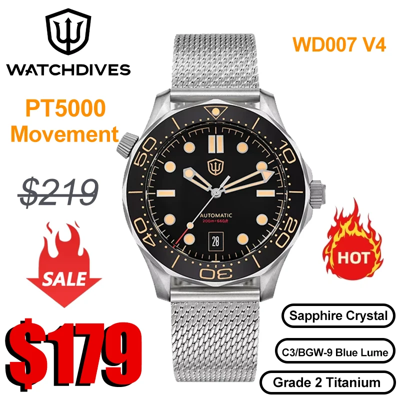 

Watchdives WD007 V4 Titanium Watch NTTD PT5000 Automatic Movement Domed Sapphire Crystal Luminous Waterproof 42mm Men Watches