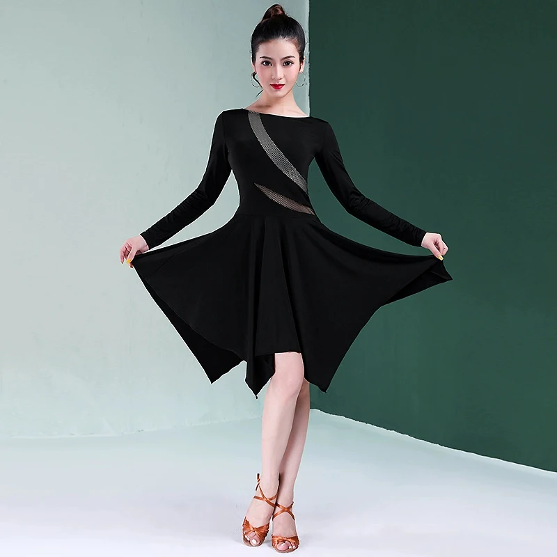 Latin Dance Clothing Adult Spring New Dance Training Dress Women Sense Slim Long Sleeve Performance Dress Irregular Dress