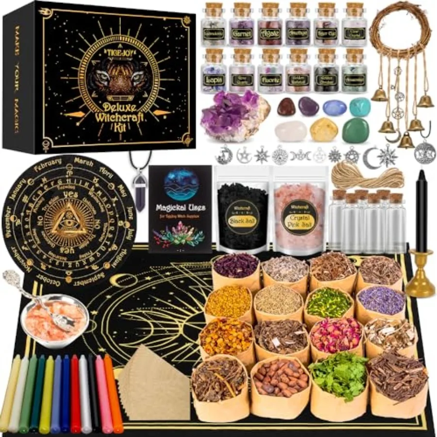 

Набор для колдовства «Всё в одном»: 88 предметов, включая инструменты для виккан, травы, кристаллы, свечи, аметистовое маятник, принадлежности для ведьм.