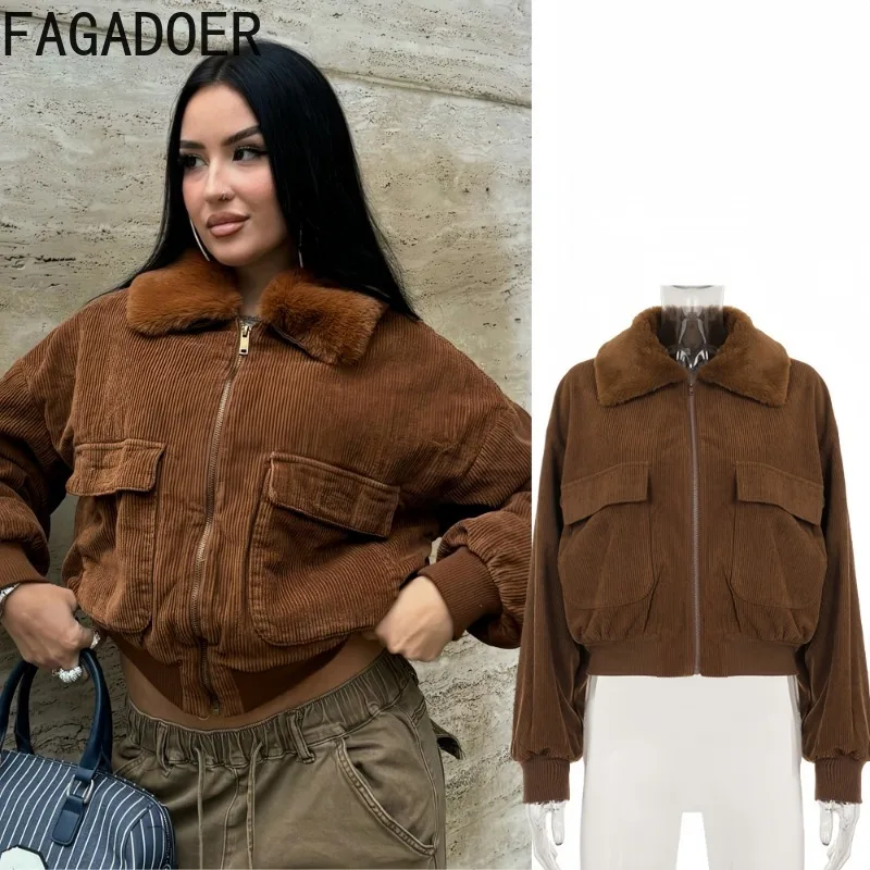 

FAGADOER осенняя модная вельветовая куртка с мехом в стиле пэчворк, женская винтажная коричневая укороченная куртка с длинными рукавами и карманами, женская уличная одежда