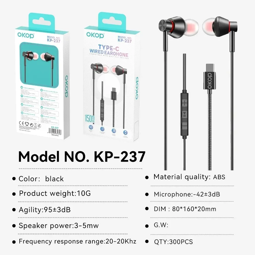سماعات أذن OKOP يتم التحكم فيها بواسطة الأسلاك، سماعات أذن سلكية، واجهة USB-C، جودة صوت عالية بدون تأخير، سماعات أذن داخلية، سماعات أذن احترافية
