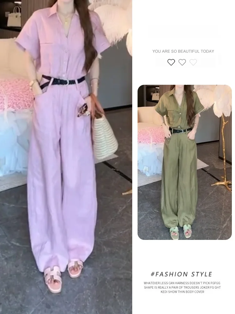 Retro Design Workwear Jumpsuit Women's Summer Slimming Waist Cinched Pantsuit Cotton Straight Leg Long Pants Casual Style