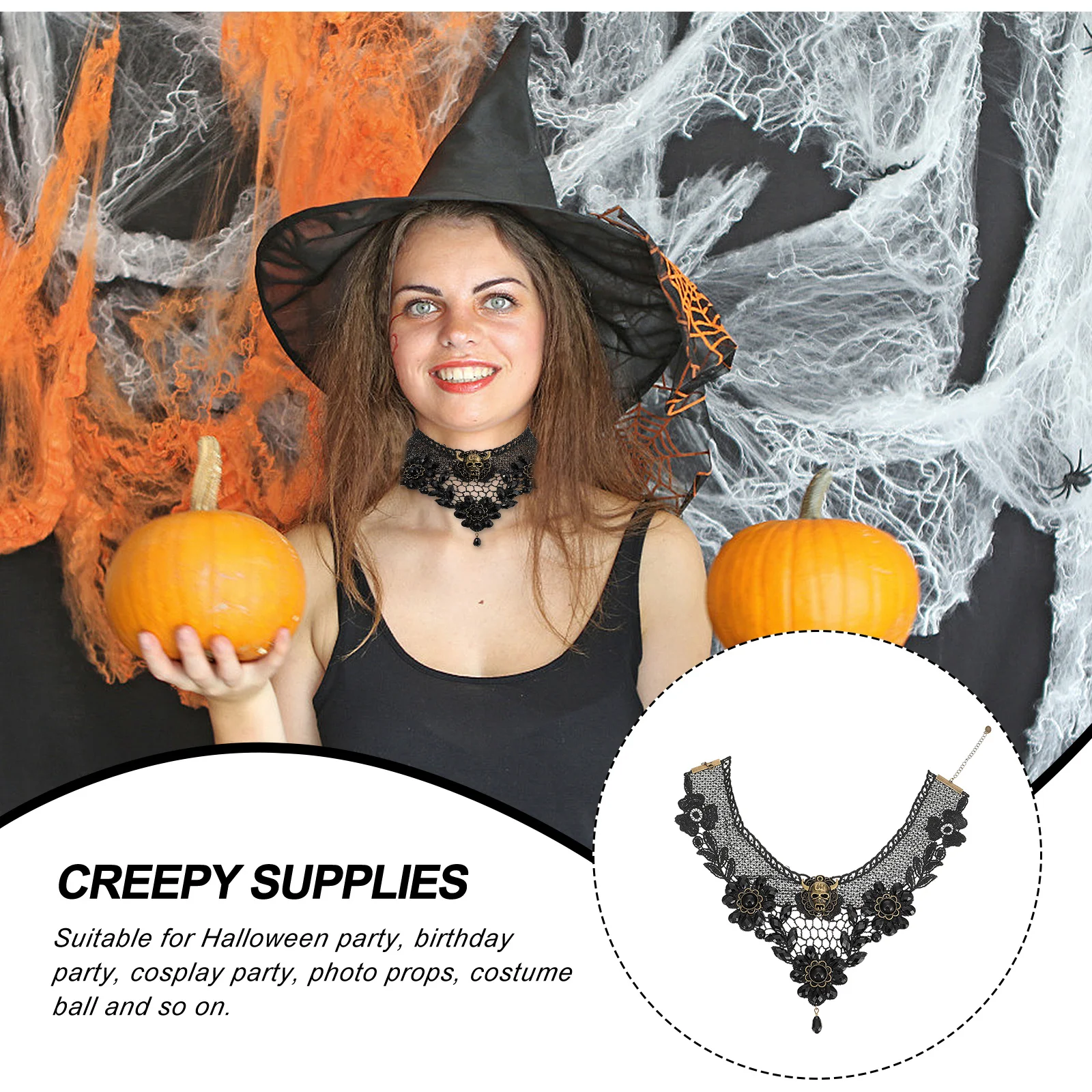 

1Pcs Skull Necklace Halloween Retro Lace Choker Multi-Layer Gothic Neck Chain Clavicle Pendant Party Jewelry Lace Choker