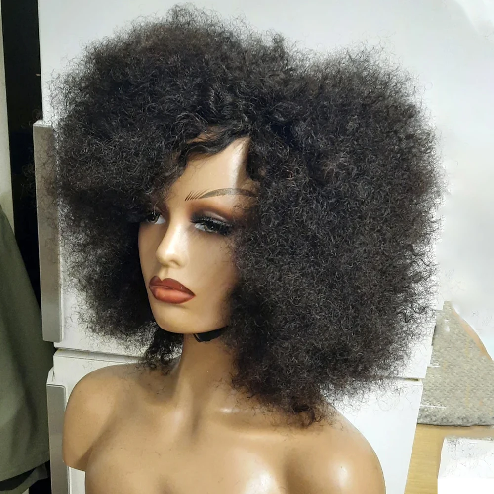 

Short Afro Kinky Curly Human Hair Wig With Bangs Fluffy Natural Bob Wigs Brazilian Full Machine Made Wigs On Sale 200 Density