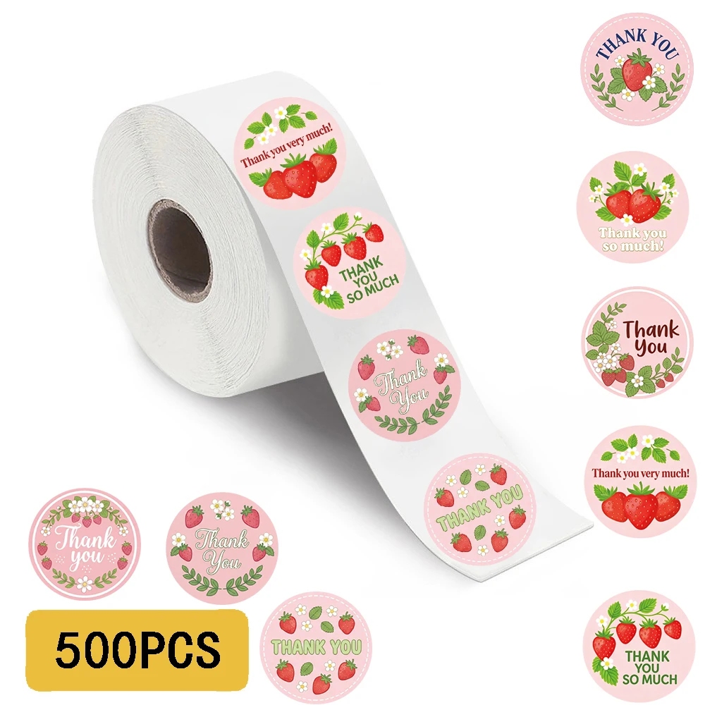 500 autocollants/rouleau de remerciement motif fraise, exquis, en PET, pour moto, réfrigérateur, voiture, cadeaux, dessins animés, autocollants pour enveloppes