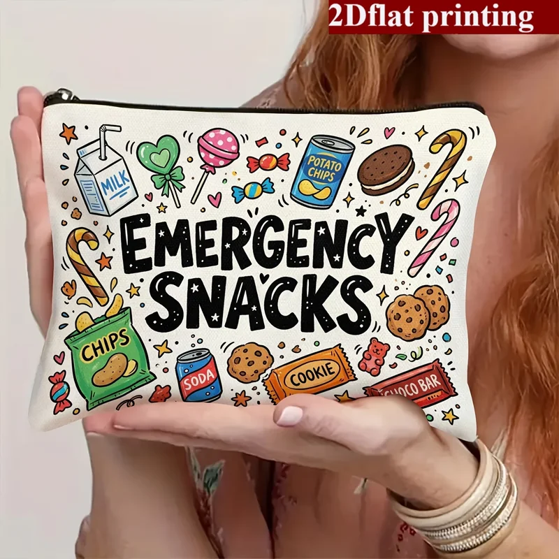 1Pc 2D Modern Emergency Snack Themed Print Makeup Bag, Multi‑use Travel & Business Pouch for Toiletries Cosmetics Snacks Combs