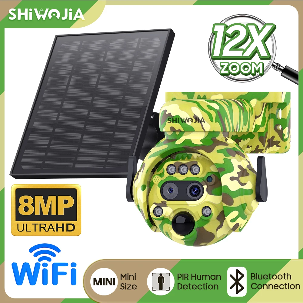 

SHIWOJIA 8MP 4G SIM Solar Camera 12X Zoom Outdoor WIFI Hunting Camera with Night Vision Wireless Solar Powered Security Wildlife