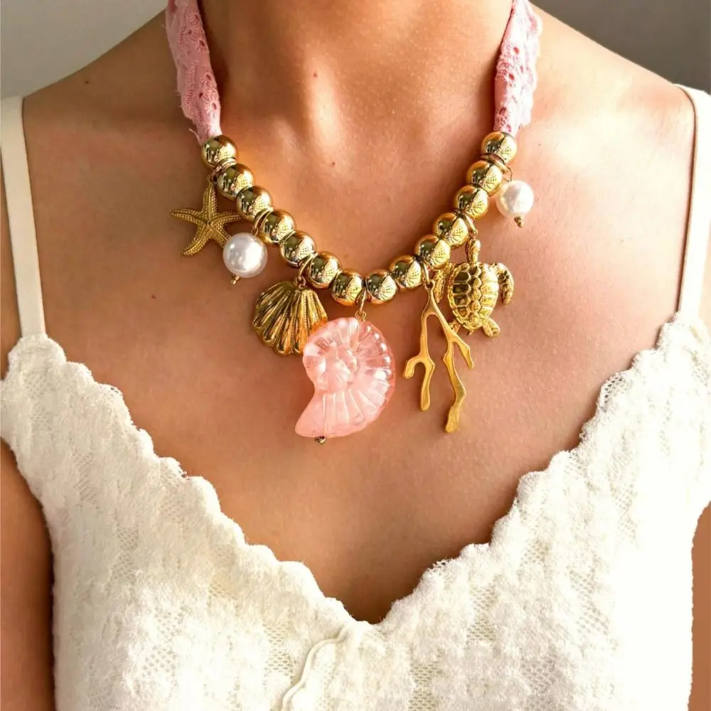 Concha tela envoltura bufanda cadena collar concha perla playa océano serie collar flor joyería accesorios dopamina collar regalo