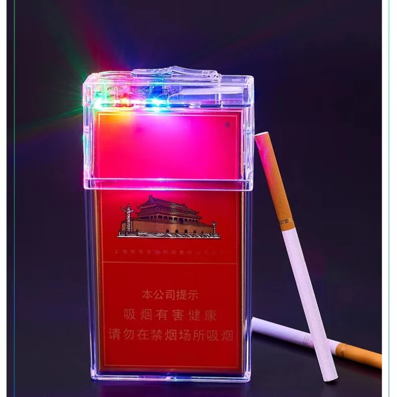 Transparent Colorful Light Cigarette Case Lighter USB Cigarette Lighter 20 Pack Slim Cigarette Case Sealed and Moisture-proof