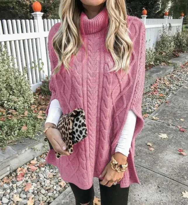 Autunno e inverno maglia da donna collo alto pasta fritta colpi di scena nodo manica a pipistrello maglione diviso maglione semplice allentato da donna